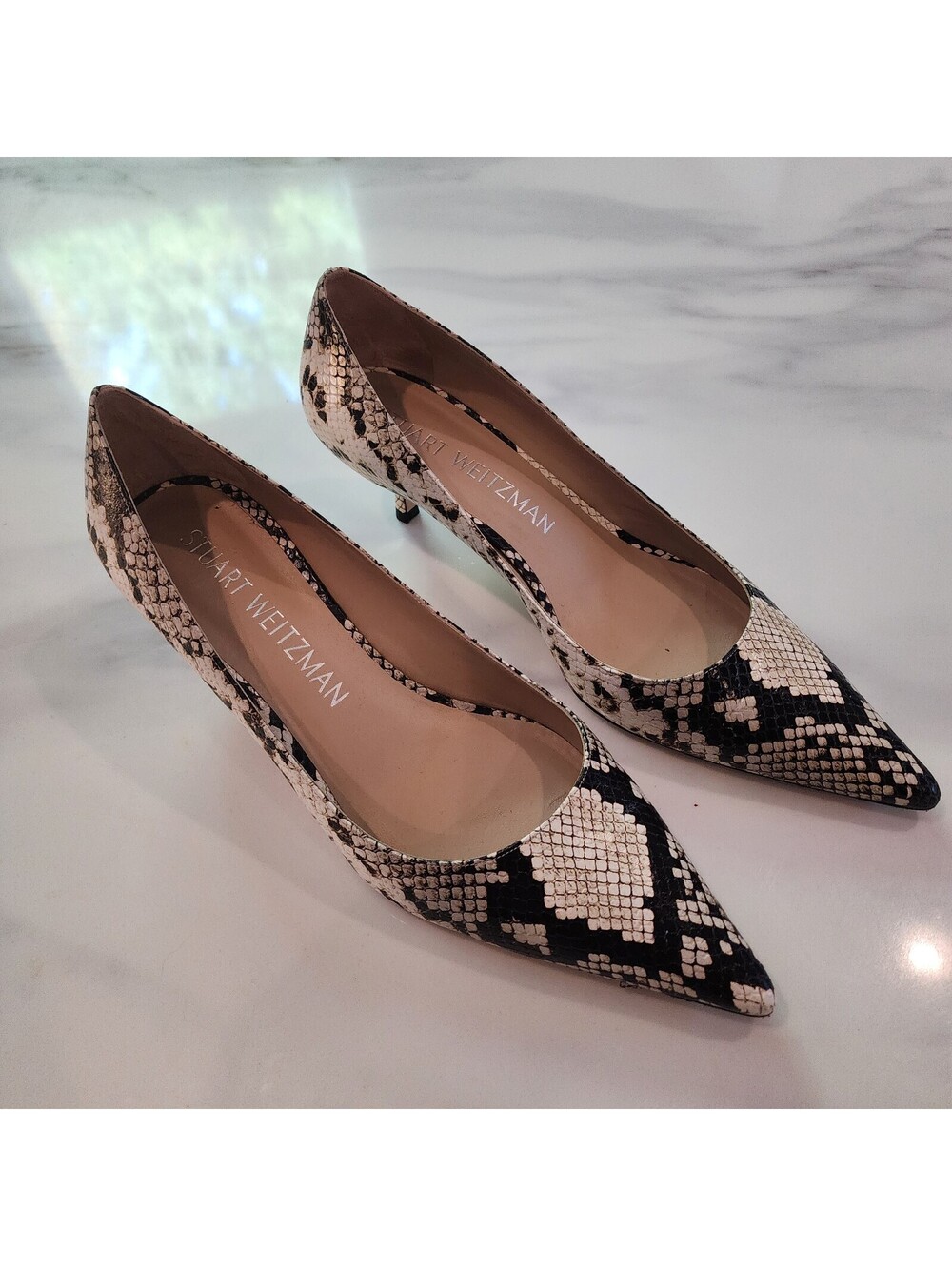 Stuart Weitzman Snake Print Kitten Heel Pumps